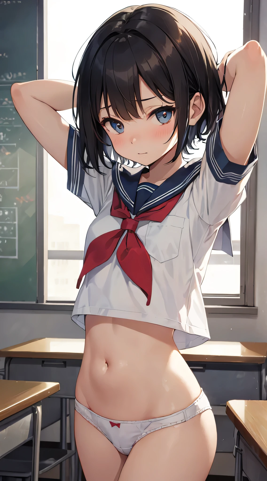nsfw,alone, (One girl), Elementary school girl,8-year-old, ((White panties)), (wearing only the top half of sailor school uniform),sexy, (Cowboy Shot),  ((Put your arms behind your head)), classroom, With a girl：hair is black and short, Her face is round and cute, Black Hair, short hair, (Are standing),(Shy, Embarrassing),from below,from the front,(pussy juice),