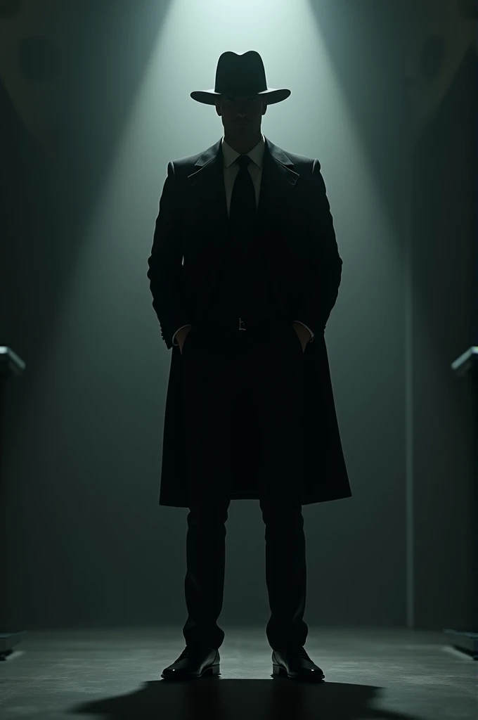 Mysterious figure dressed in a black suit and a hat