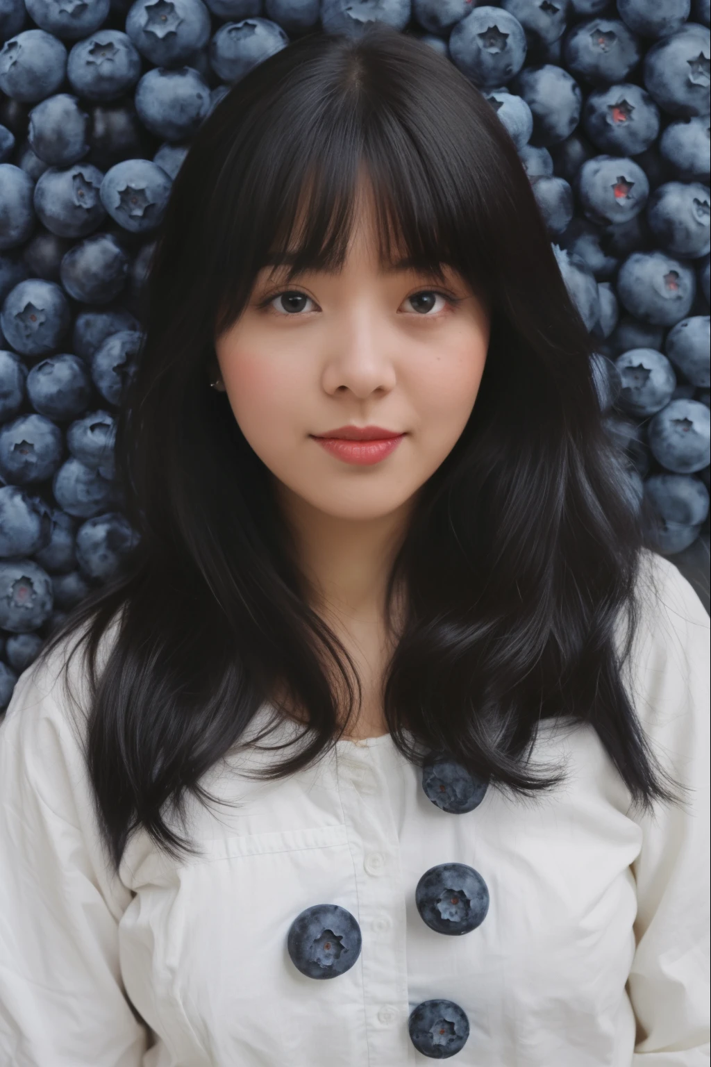 1girl, ((blueberry,fruits)),white background, black hair,