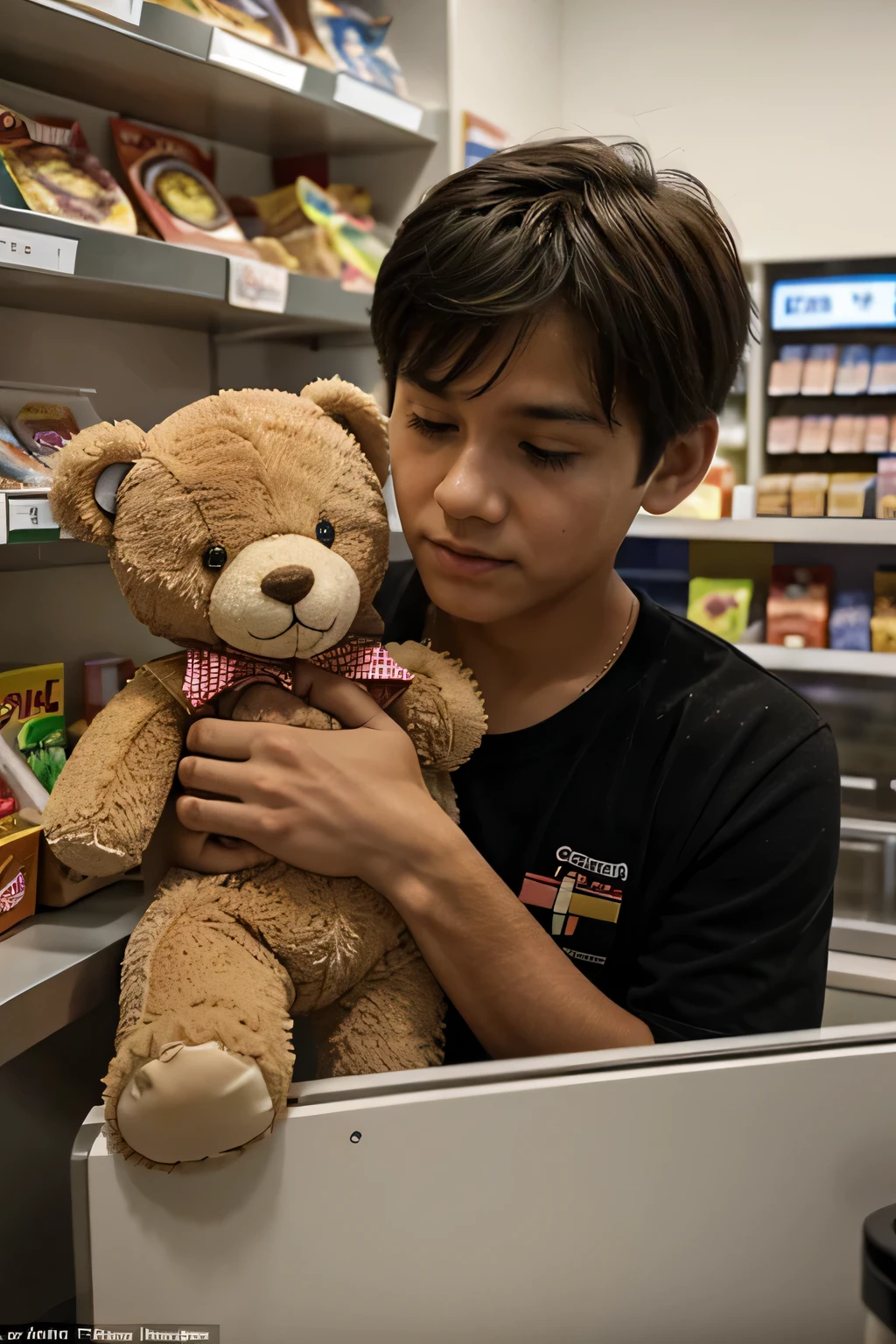 Just as he was about to pay, he noticed a six-year-old boy standing at the counter, holding a teddy bear and speaking to the cashier.