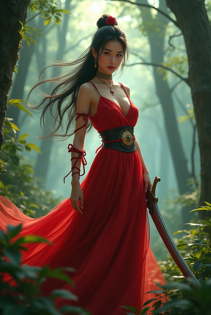 a woman in a red dress holding a sword in a forest, by Yang J, chengwei pan on artstation, 2. 5 d cgi anime fantasy artwork, 4k fantasy art, ross tran 8 k, fanart best artstation, alena aenami and artgerm, extremely detailed artgerm, digital fantasy art ), 8k fantasy art