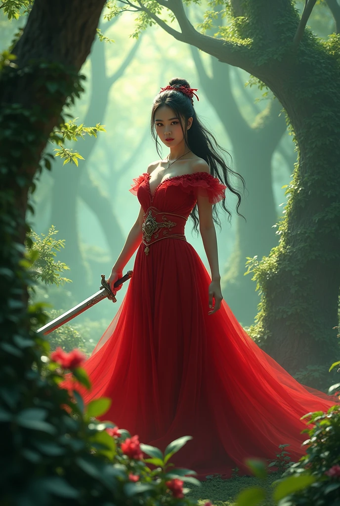 a woman in a red dress holding a sword in a forest, by Yang J, chengwei pan on artstation, 2. 5 d cgi anime fantasy artwork, 4k fantasy art, ross tran 8 k, fanart best artstation, alena aenami and artgerm, extremely detailed artgerm, digital fantasy art ), 8k fantasy art