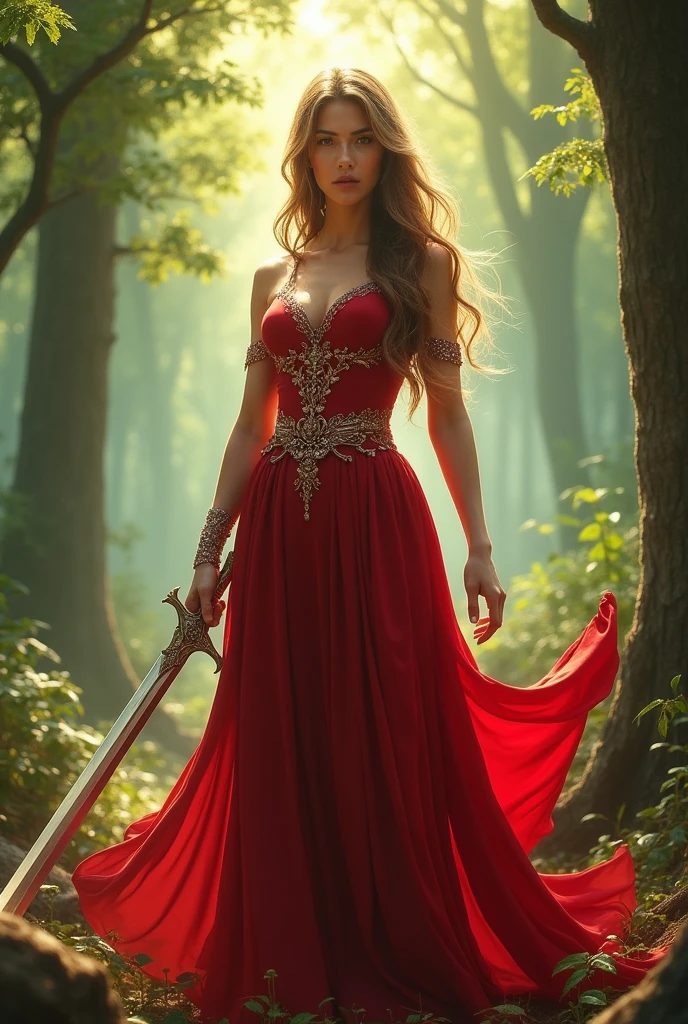 a woman in a red dress holding a sword in a forest, concept art by Yang J, Artstation contest winner, fantasy art, chengwei pan on artstation, 2. 5 d cgi anime fantasy artwork, 4k fantasy art, ross tran 8 k, fanart best artstation, alena aenami and artgerm, extremely detailed artgerm