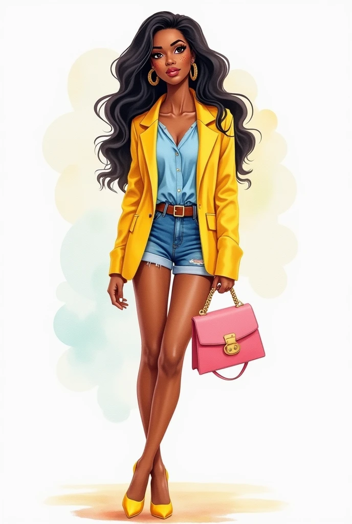 Watercolor illustration of a female character. A beautiful 25-year-old black woman, she has dark wavy hair that falls in a cascade. She has striking eyes and freckles on her face. A woman is wearing a yellow blazer over a blue blouse and denim shorts... a brown belt. She is carrying a pink bag with a gold chain strap in her hand and wearing yellow high heels,vector art, , 8k,by Jen Bartel