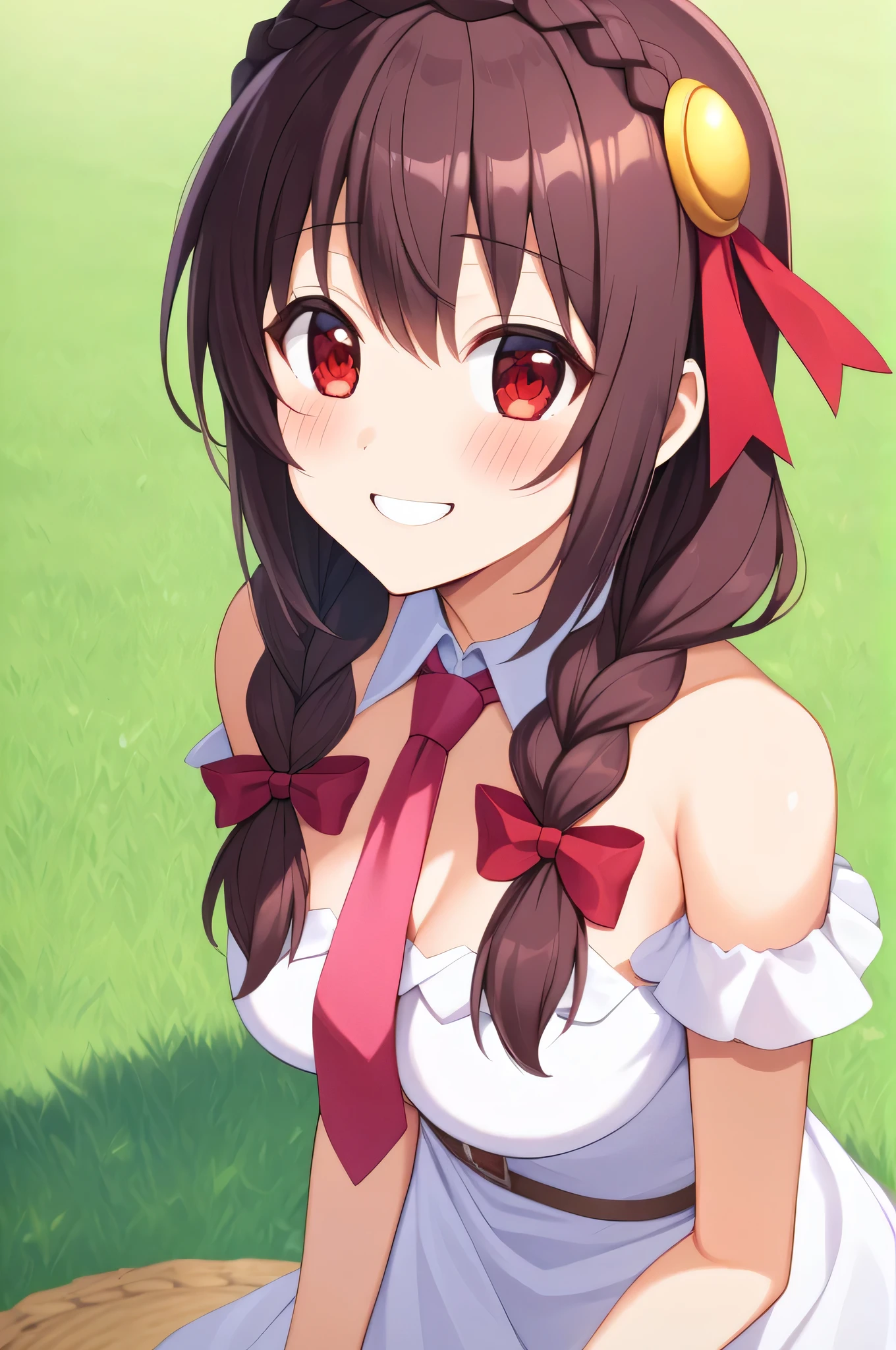alone, One girl, Yunyun, (Grinning expression:1.5)、 (blush:1.5)、Crown braids of the same color as your hair, Red Eyes、hair ornaments, Hair Ribbon, Pink tie, White dress、 picnic、I'm in tears