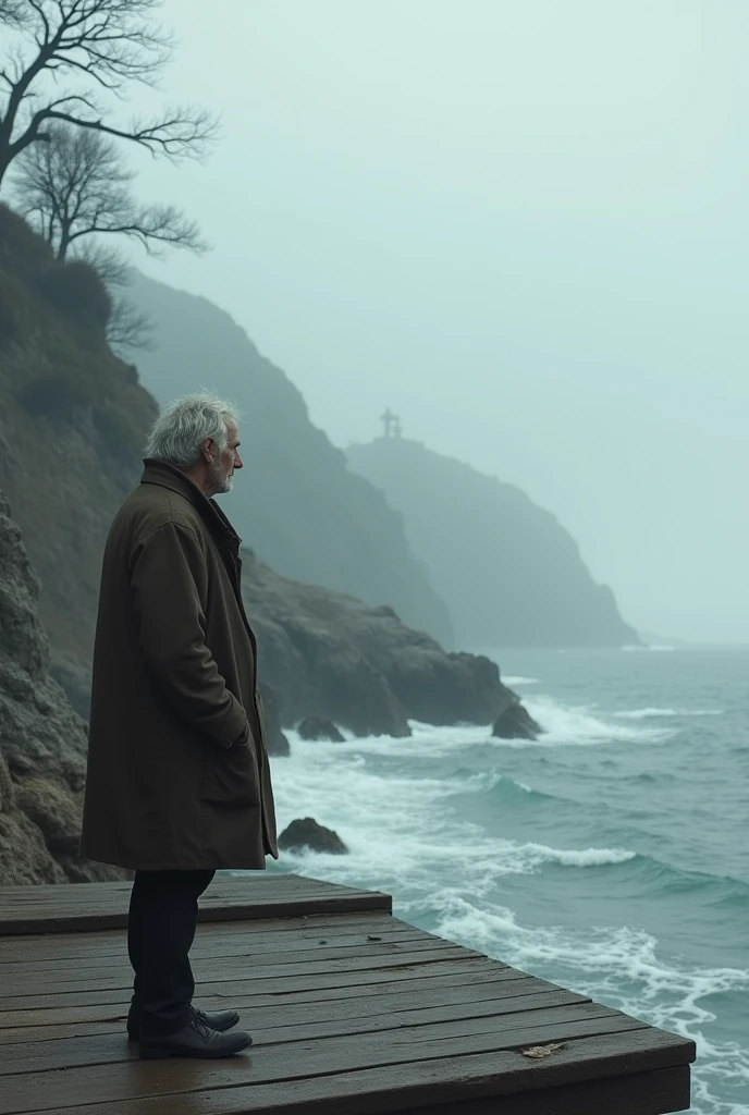 Skinny gray-haired man waiting for mail at the dock 