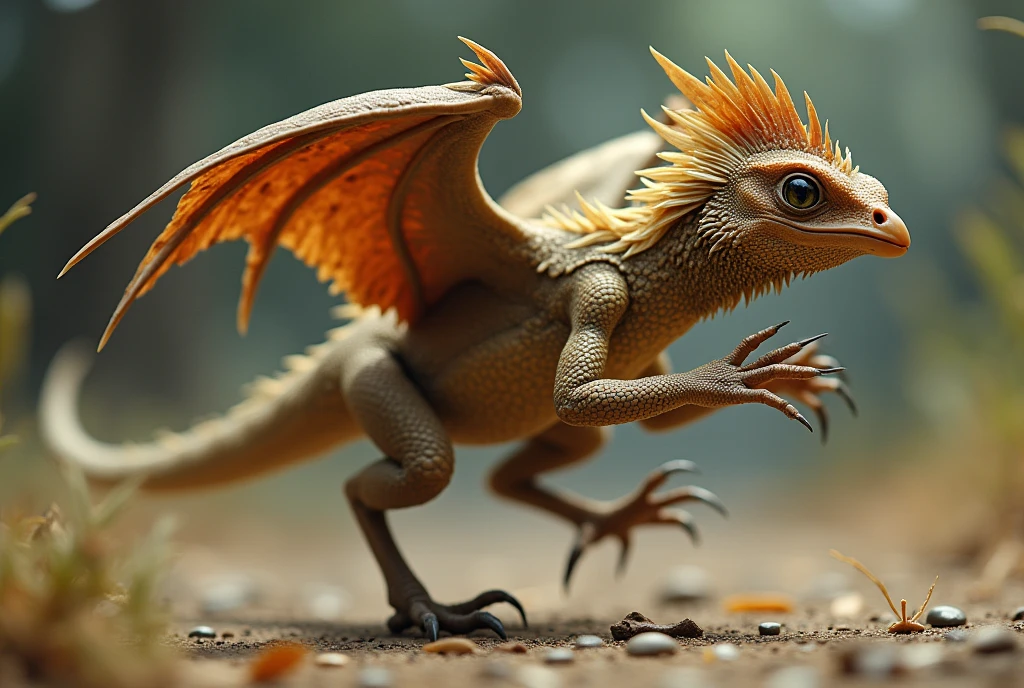 a lizard-like creature with bird features, a nightmarish amalgamation of a chicken and a wyvern, running full-tilt to the right of the camera. The wings have small claws on them to let it crawl on all fours. The lizard-like muzzle has a chicken-like beak on the end of it. Its eyes are predatorial and menacing