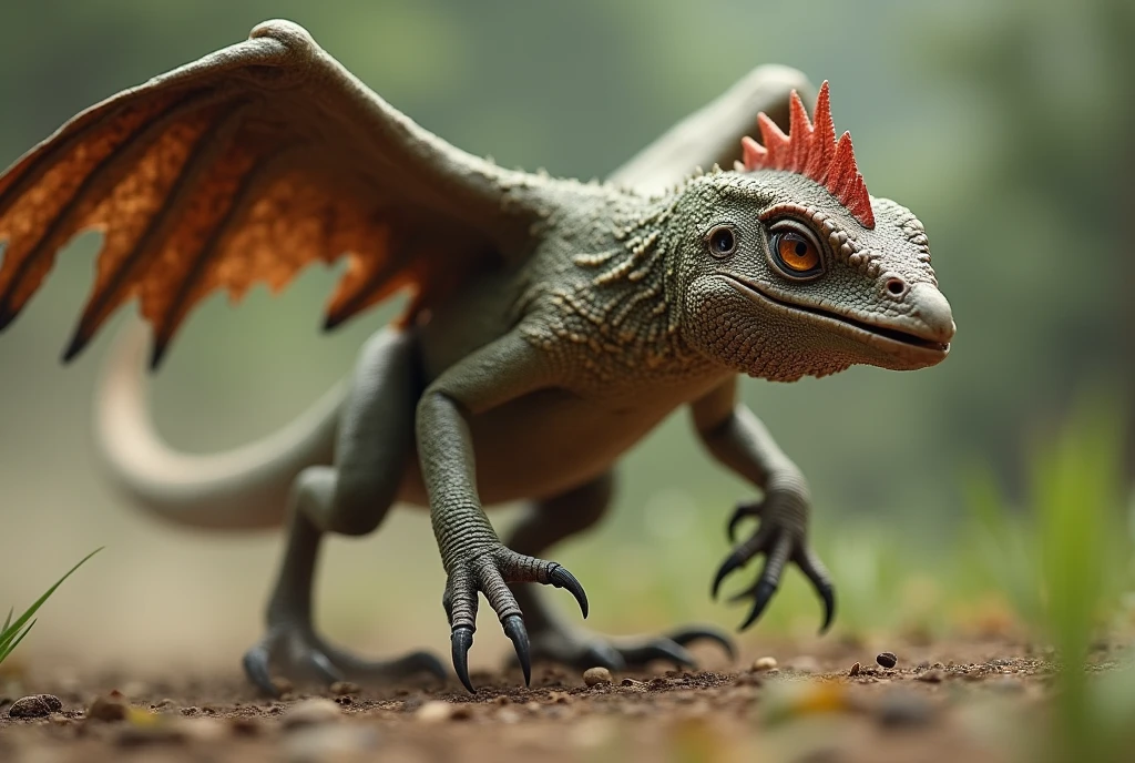 a lizard-like creature with bird features, a nightmarish amalgamation of a chicken and a wyvern, running full-tilt to the right of the camera. The wings have small claws on them to let it crawl on all fours. The lizard-like muzzle has a chicken-like beak on the end of it. Its eyes are predatorial and menacing