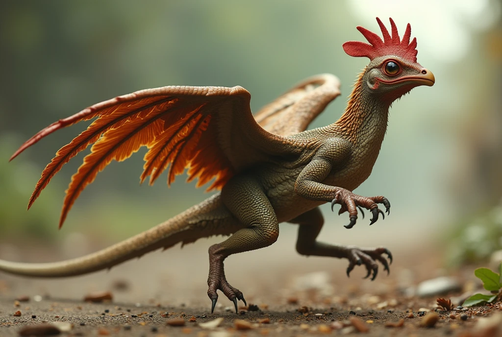 a lizard-like creature with bird features, a nightmarish amalgamation of a chicken and a wyvern, running full-tilt to the right of the camera. The wings have small claws on them to let it crawl on all fours. The lizard-like muzzle has a chicken-like beak on the end of it. Its eyes are predatorial and menacing
