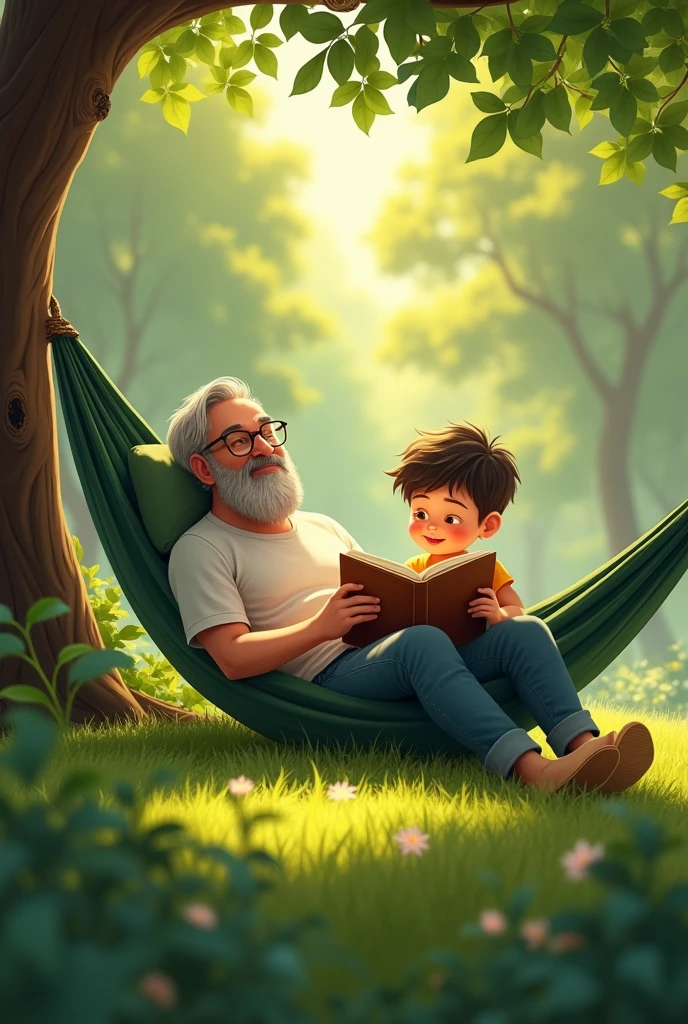 Father lying in a hammock with his son reading a book
