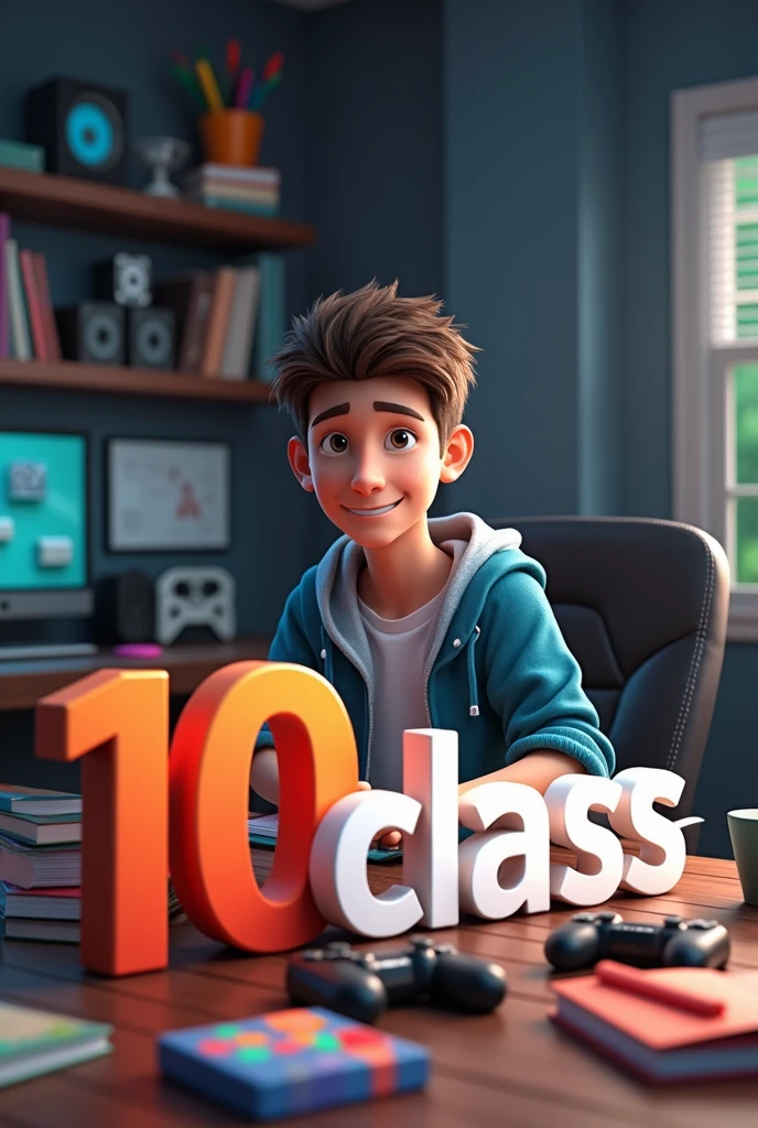 Creat a 3d logo of 10 class study background sit chair a hot boy with study in her gaming rome up side in background write study of class 10 logo of study 10 class in his table write " 10 class
