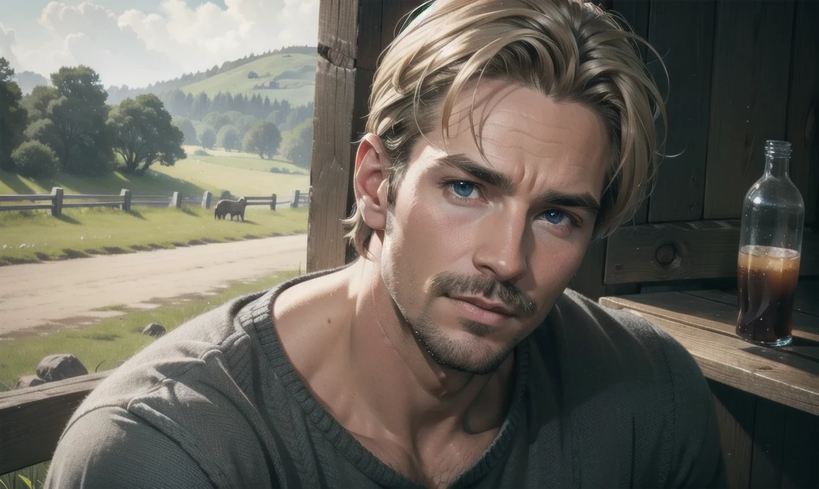 [((highly detailed, detailed eyes, detailed face, clear and realistic facial features, photorealistic, realistic light, cinematic)), (1 man), Mark is a handsome and alluring slender but muscular male farmer in his mid 40's with short blond hair and a neat moustache and blue eyes. There is a charming yet dry southern farm in the background ((calming comforting mood))]