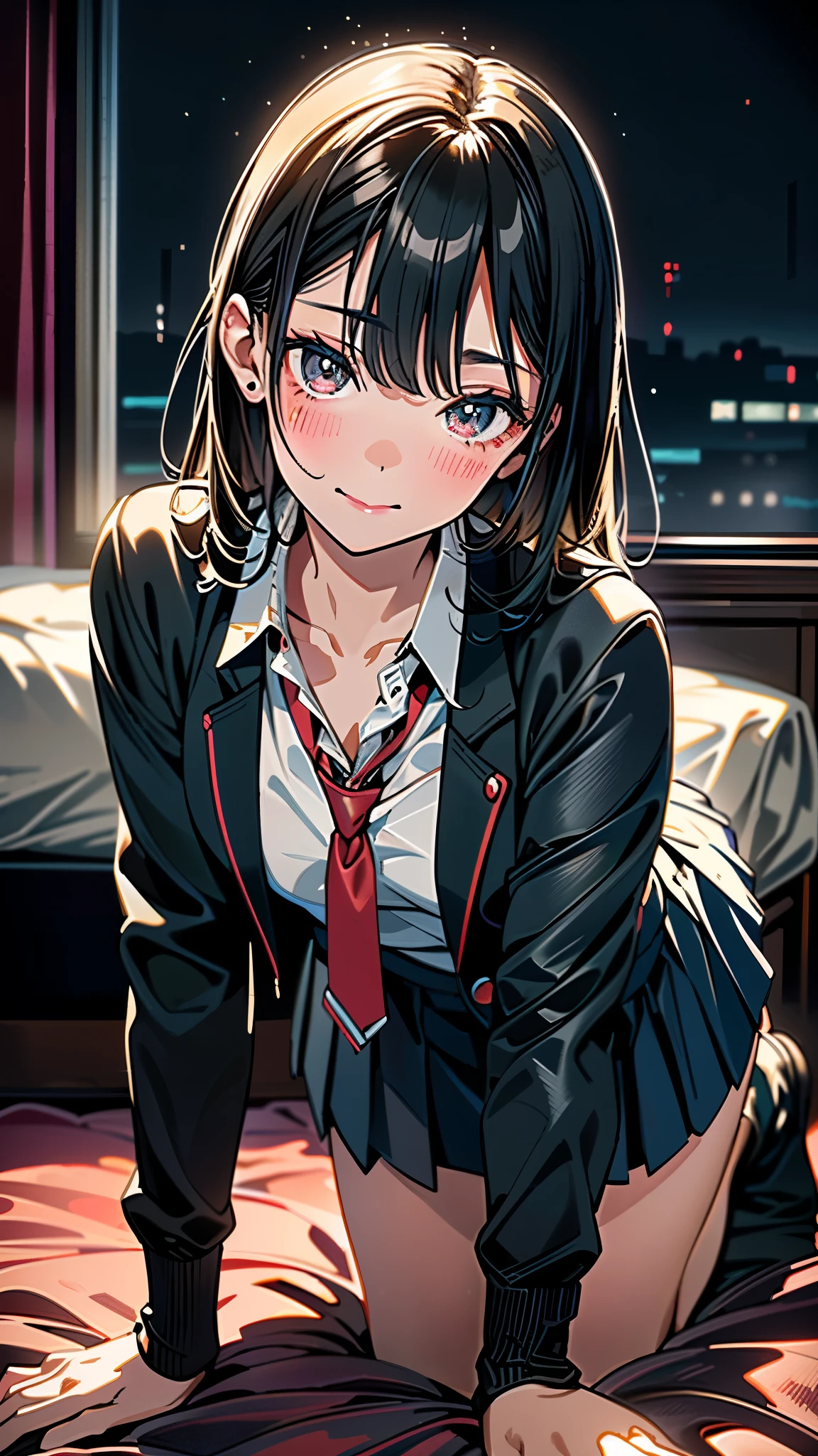 (8k, RAW Photos, 最high quality, masterpiece:1.2), high qualityのRAWカラー写真, Professional photo shoot, Cinematic Light, night、Late night、alone, (((young woman, Gal))), (Sharp features), (Small face), (Skin with attention to detail:1.2), clavicle, Cute Face, Beautiful appearance, Long eyelashes,turn around少女, smile, (Black Hair, Long straight line), high school student, Red tie, High School Uniform:1.2, Black jacket, Open jacket, Jacket cuff buttons, White shirt, ((Mini Pleated Skirt)), bedroom, Embarrassing, sad, Artistic painting,Attractive thighs, White socks、(Very nice touch:1.2), (Watery eye), sad雰囲気, Oil painting style, Dark colors, (Get on all fours on the bed with your butt facing, )(((Pay attention to the butt))), Smooth texture, Gazing Eyes, Beautiful Skin, Glowing Skin, ((Perfect Fingers, Five Fingers, Anatomically correct)), Background Blur, high quality, Surreal, ((Very detailed, photo shoot)),,View from below、blush、、Embarrassing、Full Body Shot、((backstyle))、Accentuate your butt、turn around、look back、Embarrassing、blush、Put your hands on the ground、Bend your knees、Put your knees on the ground