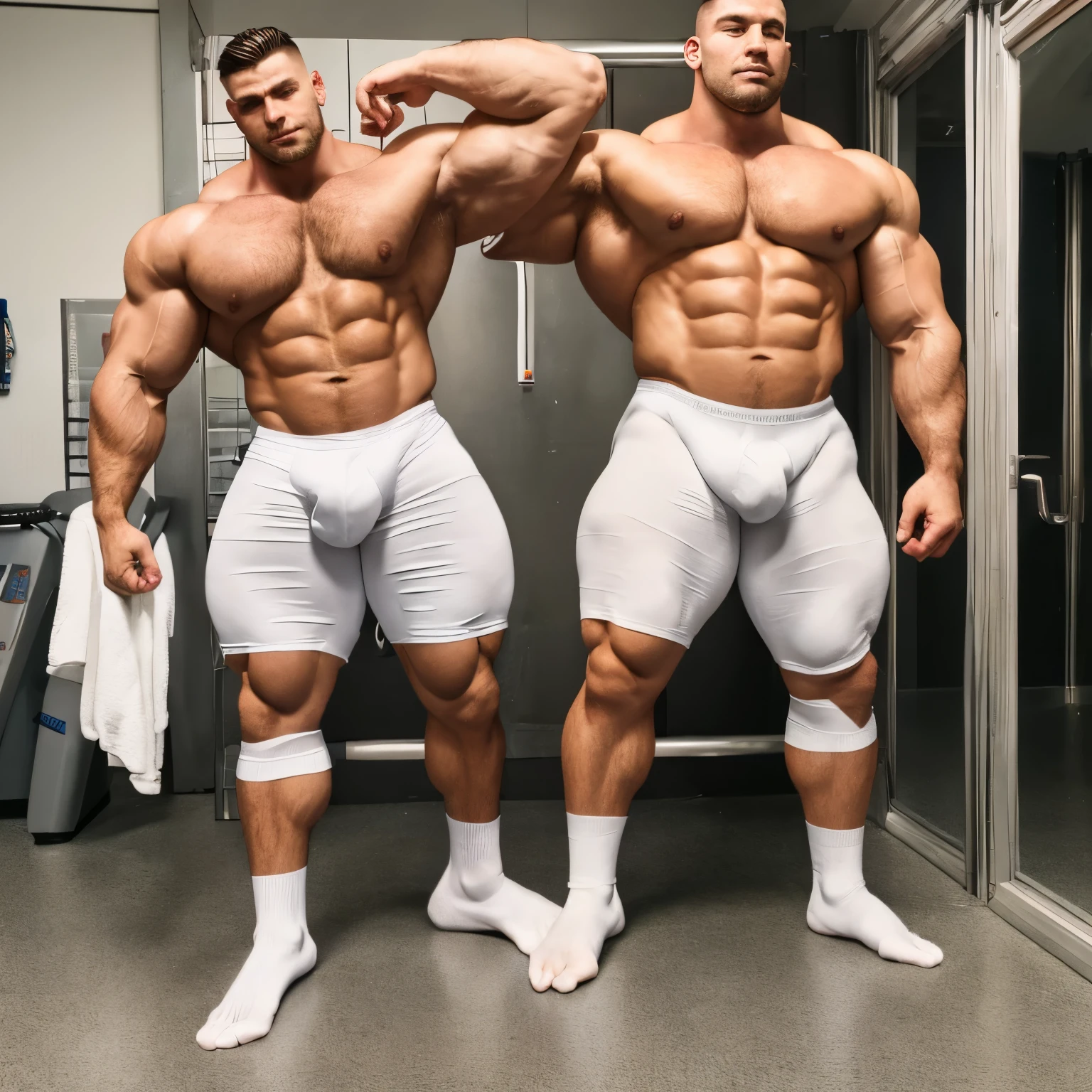 gym lockerroom, full bodies view , 2 different white european oversized massive handsome over-bodybuilded males with clean shaved undercut haircuts, totally over-bloated shoulders, pecs, biceps and abs, 976 kg of swollen roided muscles, arrogantly flexing triple-biceps. much hairy, wearing white lycra sport shorts and white socks, no shoes, posing for a tik tok video, showing off their over-inflated bloated round pecs, their white socks must be seen