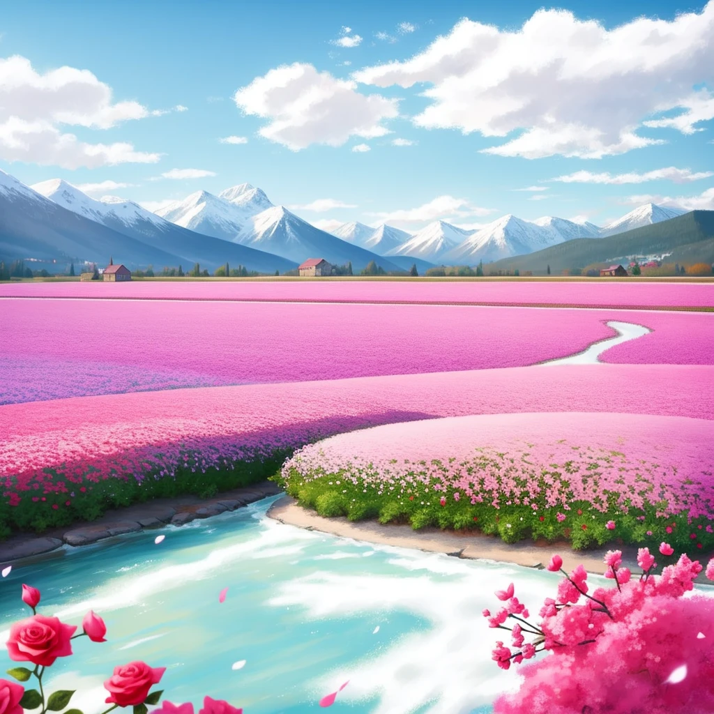 Colorful roses, bright colors, a small village far away, lots of roses on the ground, spring weather, bright sun, snowy mountains, a small sparkling river, butterflies, lots of details, purple sky, intermittent clouds, lilac roses,