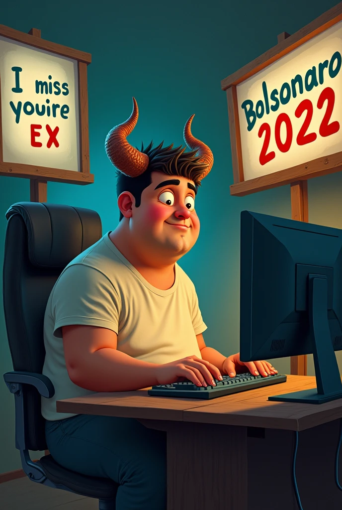 A fat young man with horns on his head playing on the computer, It looks like a board with the words “I miss my ex” and next to it a board with the words “Bolsonaro 2022”