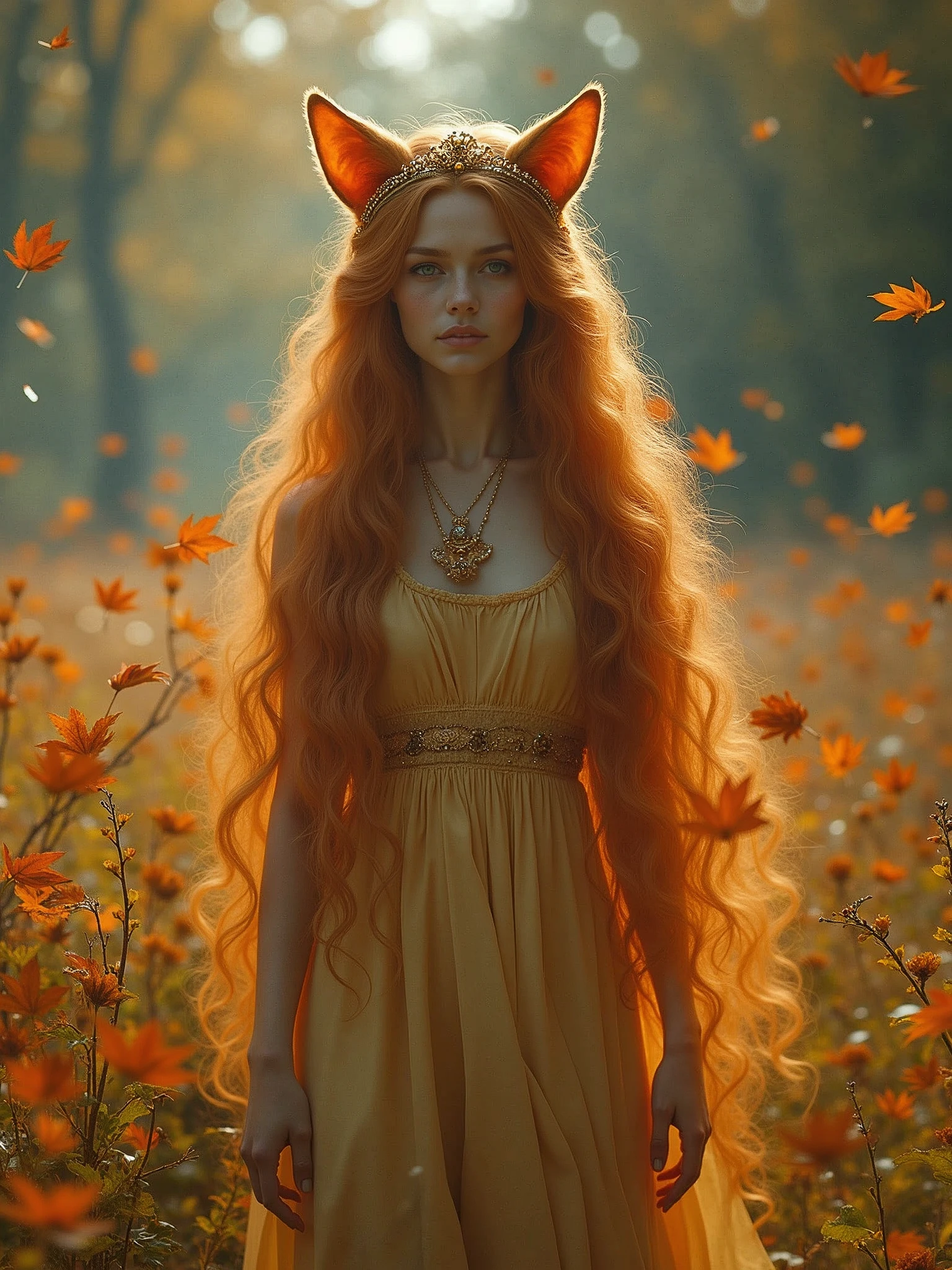 a woman with long red hair standing in a field, aesthetic siamese cat, beautiful autumn spirit, fantasy - n 9, wearing honey, long curly light blond hair, orange metal ears, impossible dream, wearing crown, maine coon, female fox, cautious, woods, realms