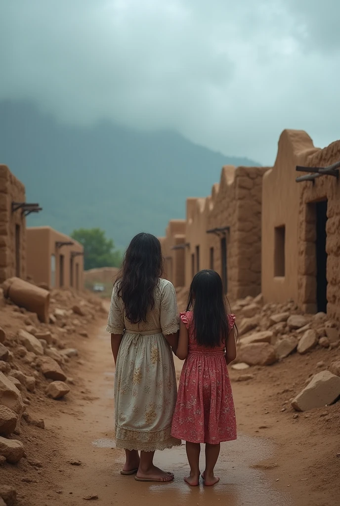 A photo showing adobe houses destroyed by heavy rains。In the foreground, mother and daughter stand in front of the ruins,Sad look。Background with gray sky and heavy rain。