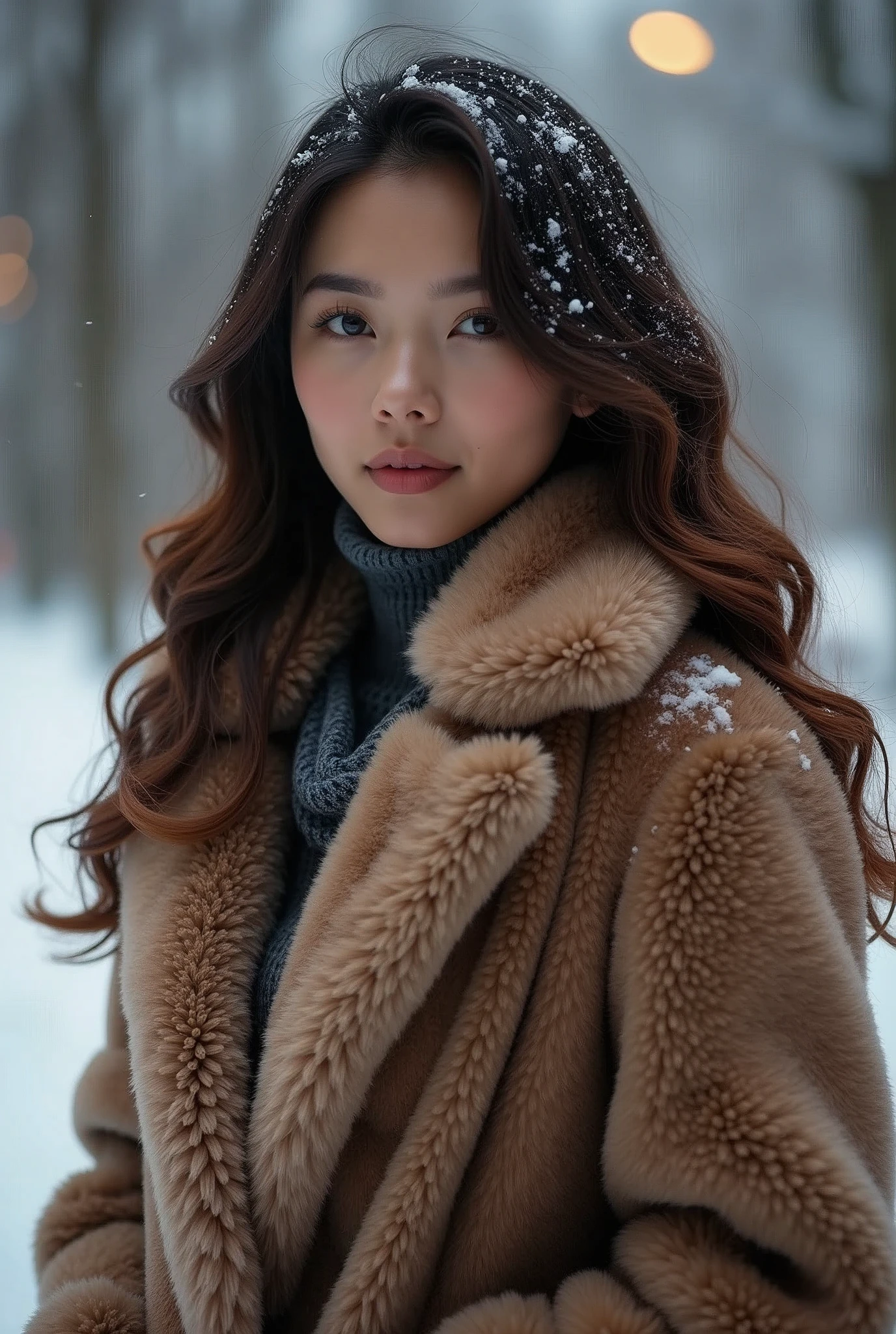 (Tabletop、highest qualそれy、8k、Award-winning works、Ultra-high resolution)、A beautiful Filipina woman、(thick and big fur coat:1.3)、(A high-quality coat filled with fluffy fur:1.2)、Brown Hair、(Long Wavy Hair:1.1)、Great cinema lighting、(The most romantic and moody atmosphere:1.1)、winter、Snow Scene、it's snowing、(Walking in the snow in Northern Europe:1.1)、look at me、(Very large breasts:1.1)、Blurred Background、Accurate anatomy、Ultra HD Hair、Ultra-high resolution for perfect, beautiful teeth、Ultra-high definそれion beauty face、Ultra HD Hair、Ultra-high resolutionの輝く瞳、Shining, Ultra-high resolution beautiful skin、Ultra-high resolutionの艶やかな唇、(Face close-up:1.1)、(Elegant round glasses:1.1)