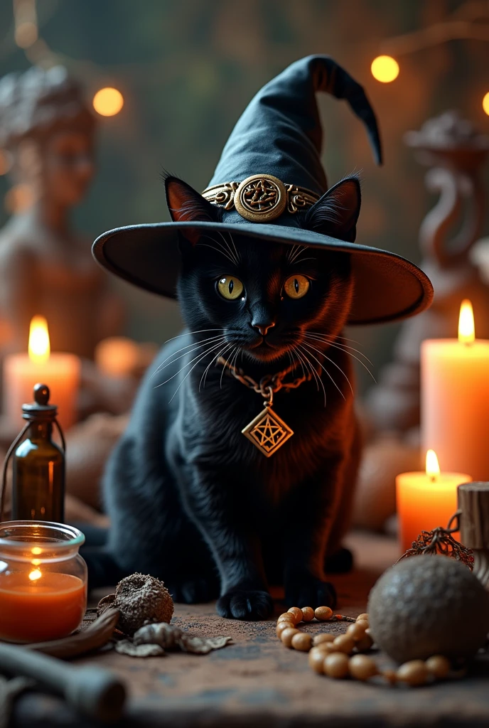 a cute black cat wearing witch'shat, surrounded by magical objects, witch hat, hat, no humans, cat, candle, animal, black cat, gem, animal focus, indoors, witch, black headwear, wiccan artifacts, ultra-realistic, hyper-detailed, 32k uhd,hyper-detailed,ultra-realistic, 8k,(Background is Luxury Witch Room and Magic Room) Necklace hexagram, Candles, magic bottle large and Magic small bottle,devil dark red eyes, A lot of items of magic and witchcraft