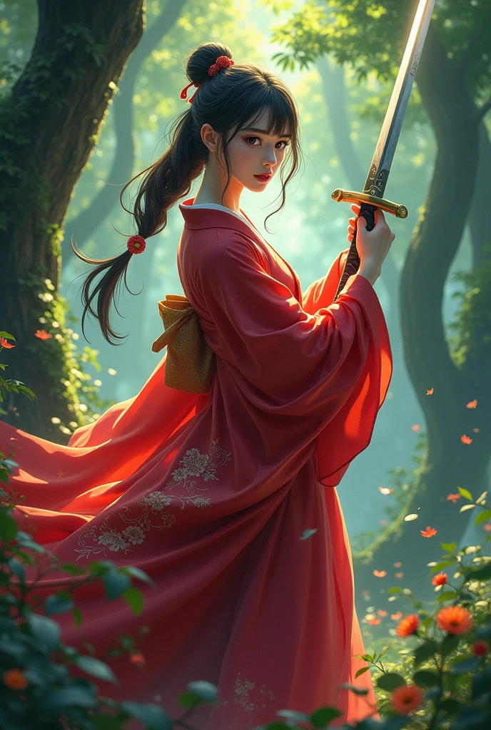 a woman in a red kimono dress holding a sword in a forest, by Yang J, chengwei pan on artstation, 2. 5 d cgi anime fantasy artwork, 4k fantasy art, ross tran 8 k, fanart best artstation, alena aenami and artgerm, extremely detailed artgerm, digital fantasy art ), 8k fantasy art