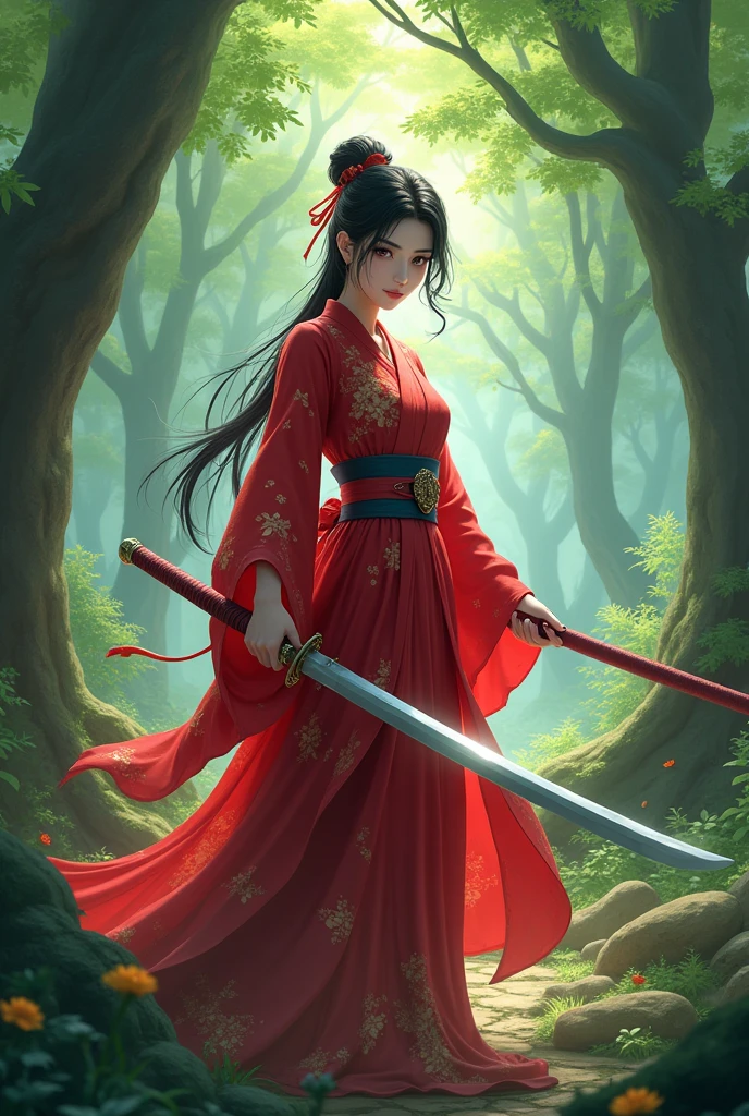 a woman in a red kimono dress holding a sword in a forest, by Yang J, chengwei pan on artstation, 2. 5 d cgi anime fantasy artwork, 4k fantasy art, ross tran 8 k, fanart best artstation, alena aenami and artgerm, extremely detailed artgerm, digital fantasy art ), 8k fantasy art
