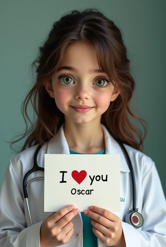 A very beautiful girl with green eyes and dark brown hair who studies medicine called sthef, with a sign in their hands that says: I love you, Oscar