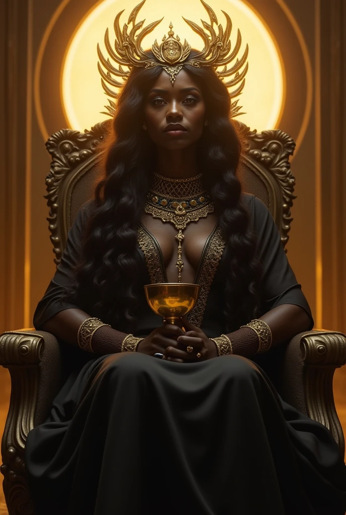 Black goddess, Taraj P.Henson, sitting on a throne with a bright light sorrounding her and a golden Goblet in her hand.
