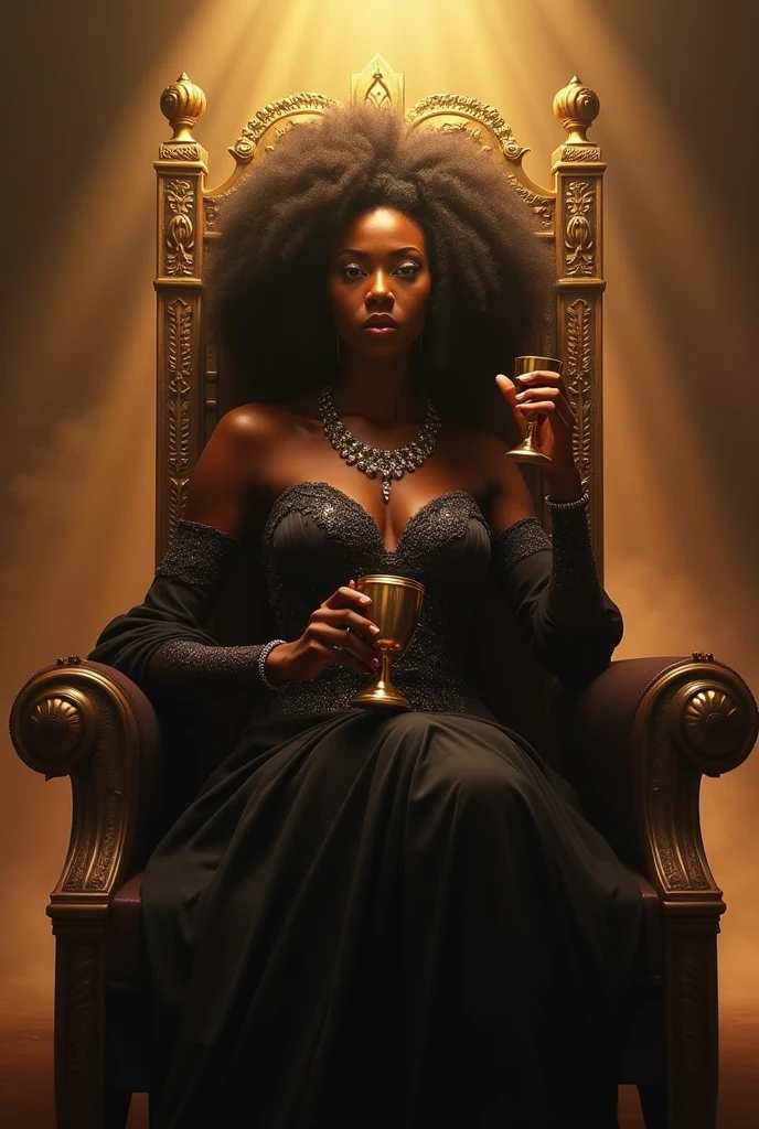 Black goddess, Taraj P.Henson, sitting on a throne with a bright light sorrounding her and a golden Goblet in her hand.