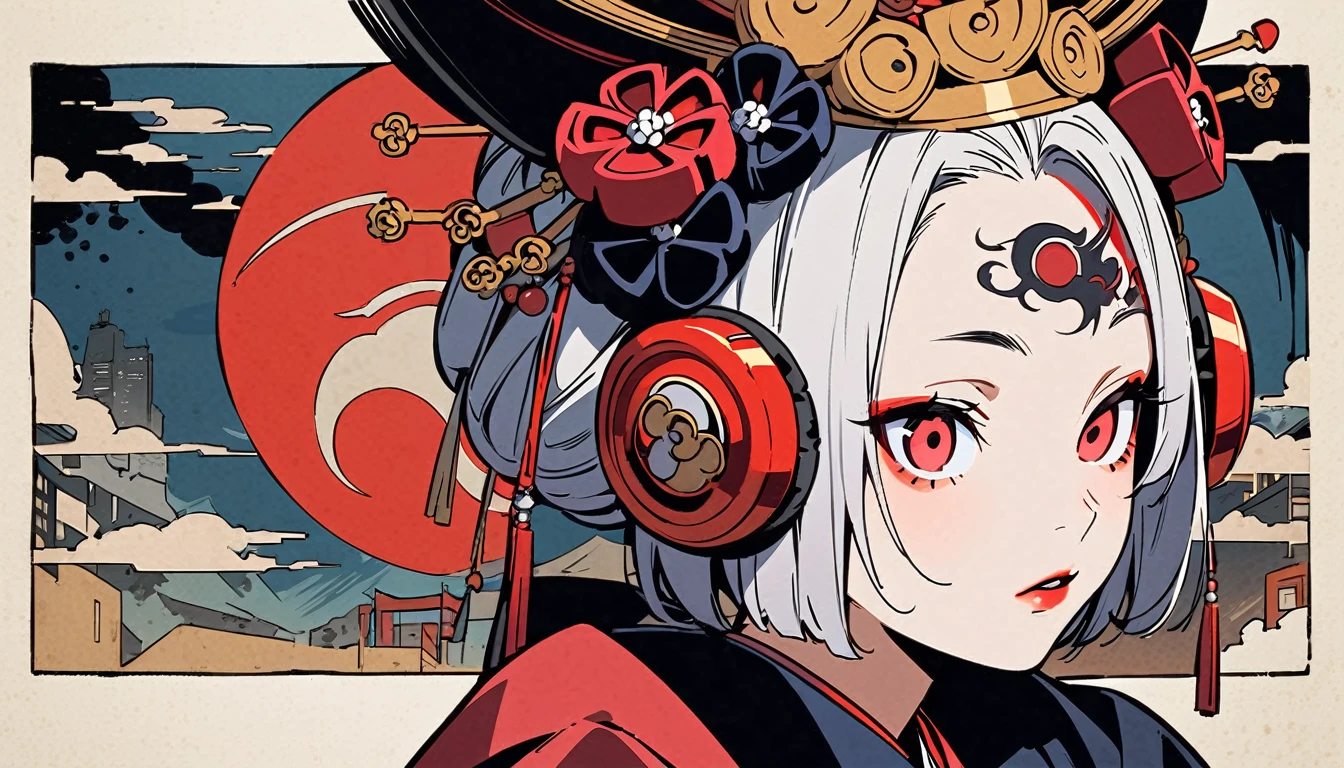 Ink painting, (((1 girl))), (((Tattoo in the middle of the forehead))),(((In the background is the Akatsuki moon))), (((Oiran))), (((Great hair accessories))), Japanese style headphones, Demon possession, (((Red eyes with an inscription inside them))),Face up close, Japanese beauty, White hair, Sensitive and precise, Modern Ukiyo-e style, Highest quality, katsushika hokusai, (((Elements of horror))), beautiful girl, Sensitive and precise, Modern Ukiyo-e style, Cyberpunk city,
