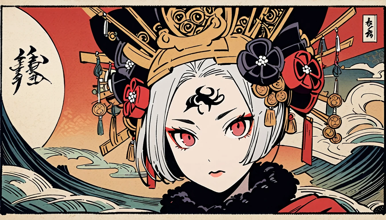 Ink painting, (((1 girl))), (((Tattoo in the middle of the forehead))),(((In the background is the Akatsuki moon))), (((Oiran))), (((Great hair accessories))), Japanese style headphones, Demon possession, (((Red eyes with an inscription inside them))),Face up close, Japanese beauty, White hair, Sensitive and precise, Modern Ukiyo-e style, Highest quality, katsushika hokusai, (((Elements of horror))), beautiful girl, Sensitive and precise, Modern Ukiyo-e style, Cyberpunk city,