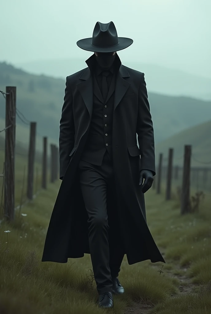 Mysterious figure dressed in a black suit and a sombre hat walking in a rural setting