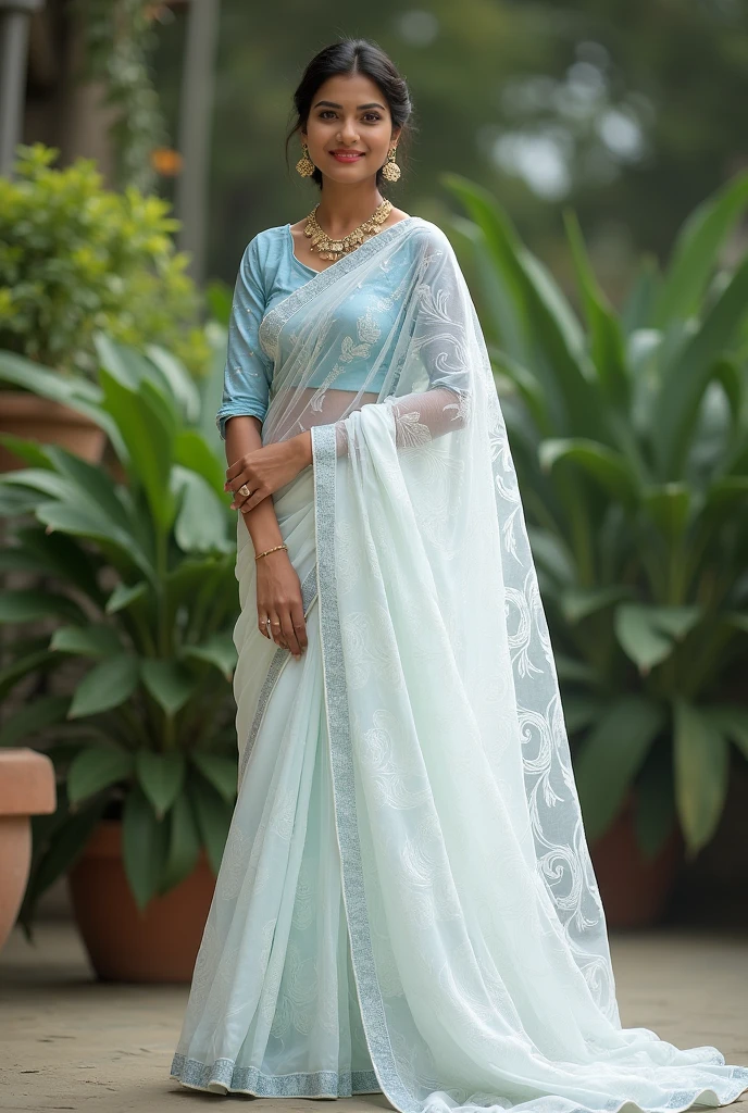 White jamdani saree with light blue printed blouse 