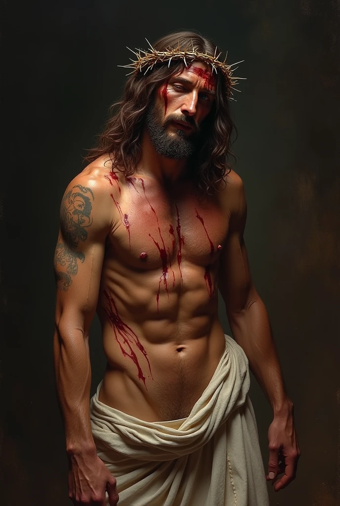 (work of art)(super verbose)(4k supreme image quality)(ultra realisitic)(fot)
"prompt": "A highly realistic and emotionally evocative depiction of Jesus Christ during the Passion, shortly before the crucifixion. He is standing, but with difficulty, after having endured severe scourge. Your body is wounded, with deep and visible wounds from the lashes on his back, arms and legs. Your face is marked by sweat, blood and a deep expression of pain and sadness. Their eyes, although full of agony, convey a feeling of compassion and love. The crown of thorns rests heavily on his head, with thorns piercing your skin, making the blood run down the forehead. The background is dark and gloomy, emphasizing the gravity of the moment. The general atmosphere is one of immense suffering, but also of divine strength and endurance."
}