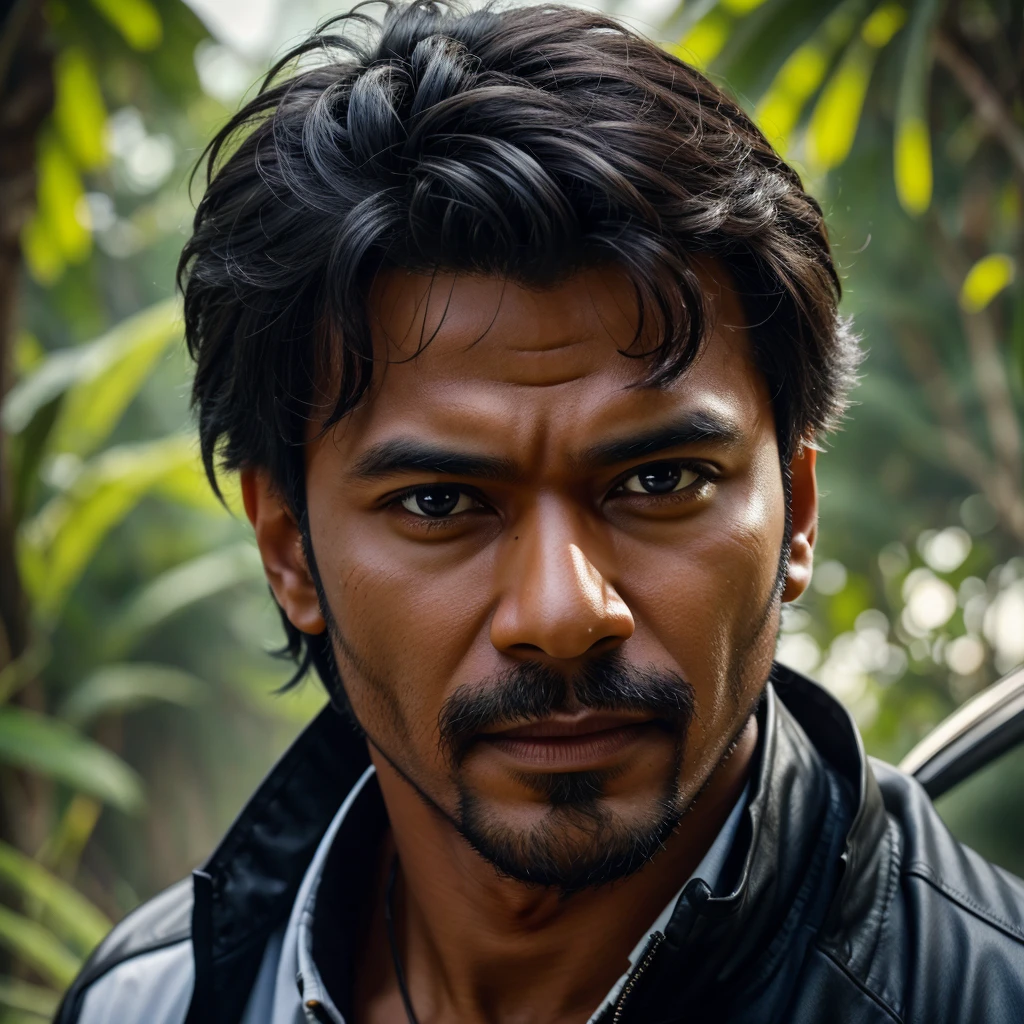 a hyper-realistic portrait of thalapathy vijay, incredibly detailed facial features, piercing eyes, intense stare, photorealistic, cinematic lighting, dramatic shadows, movie still quality, (best quality,4k,8k,highres,masterpiece:1.2),ultra-detailed,(realistic,photorealistic,photo-realistic:1.37),hyena, wildlife, jungle, natural environment, intense colors, vibrant, dynamic composition