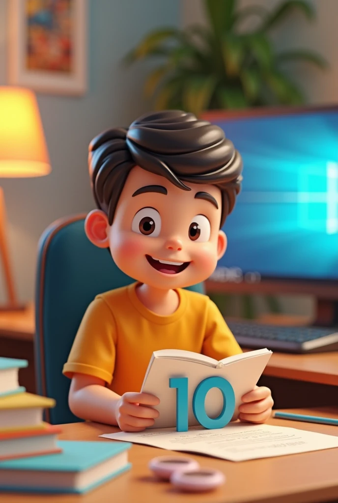 One boy Kid cartoon 3d wear blue short uniform playing tablet closeup video
