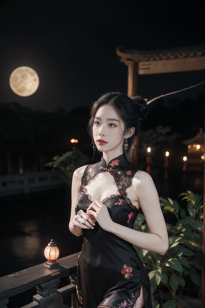 (((best quality))),(((ultra detailed))),(((masterpiece))),illustration,((1 beautiful girl,solo)),(bun hair:1.2),(Ghostly makeup:1.3),(fair skin:1.5),(red lips:1.2),(earrings:1.2),((slim,thin)),((small breasts,flat chest,cleavage)),(black floral embroidered lace sleeveless cheongsam:1.5),(thigh loop:1.3),(slender legs:1.2),(stockings:1.3),(standing:1.3),(A huge moon in the sky:1.3),(moonlit Chinese garden courtyard:1.3),(Ghost Festival:1.3),(Ghostly flames are drifting in the air:1.3),elegant and sophisticated,intricate patterns,curves,dark color,striking visual appeal,ethereal,enchanting,ghostly black blossoms,swaying branches,stone pathways,moss,eerie shadows,ancient pavilion,intricate wooden structure,mystery and intrigue,cicadas chirping,auditory symphony,embodiment of the festival's spirit,bathed in the moon's glow,delicate features,raven-black hair,waterfall of darkness,moon's luminance,captivating allure,sleek fabric,clung to frame,accentuating curves,highlighting beauty,striking appearance,ethereal beauty,hauntingly beautiful scene,captured essence,blend of beauty and mystery,(night scene:1.3),((from front,upper body))