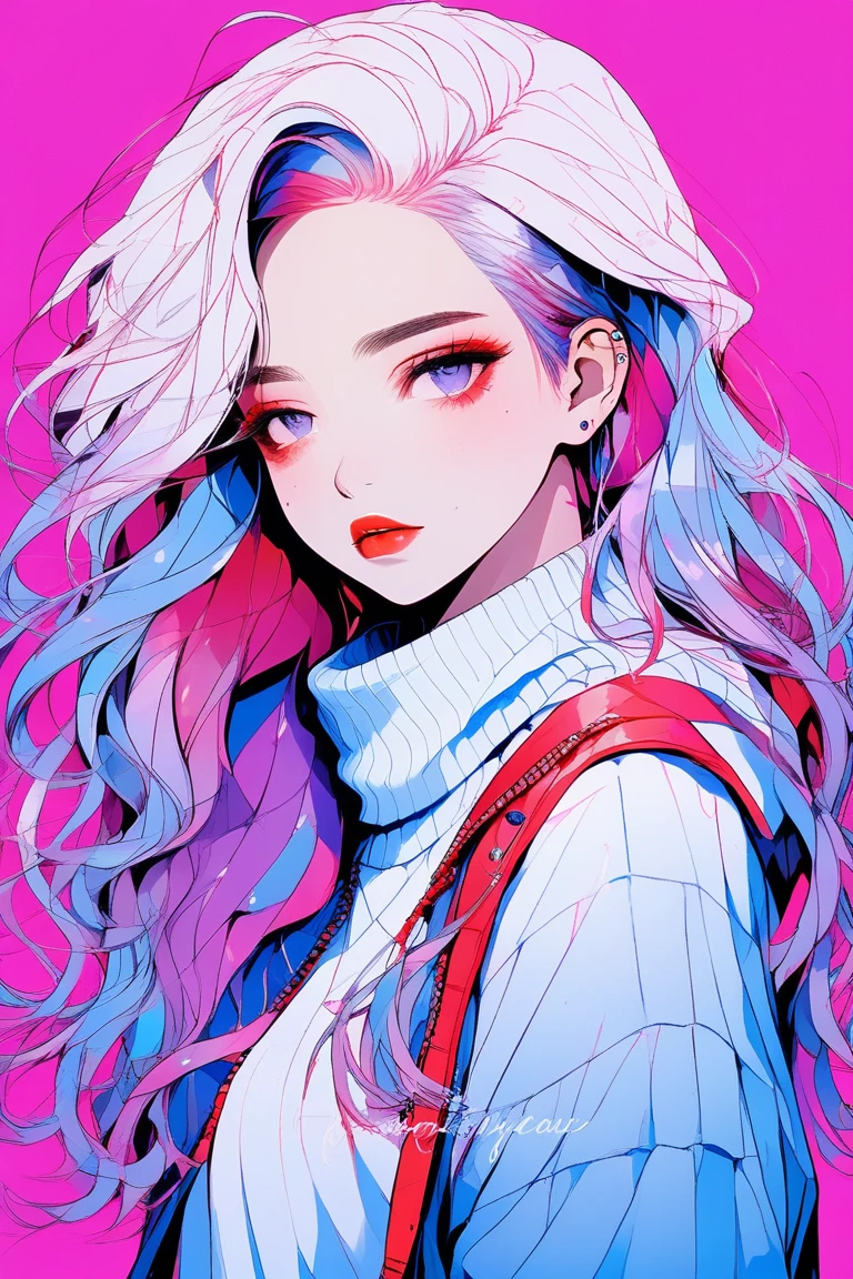 (Highest quality:0.8), (Highest quality:0.8), Perfect illustration((masterpiece, Highest quality)), Illustrator, anime , Realistic ,sketch , 1 girl, red lip, white sweater, order, purple bule gradient background, neon Hair, long hair, Texture Trim, Canadian, (masterpiece,Highest quality) Cancer