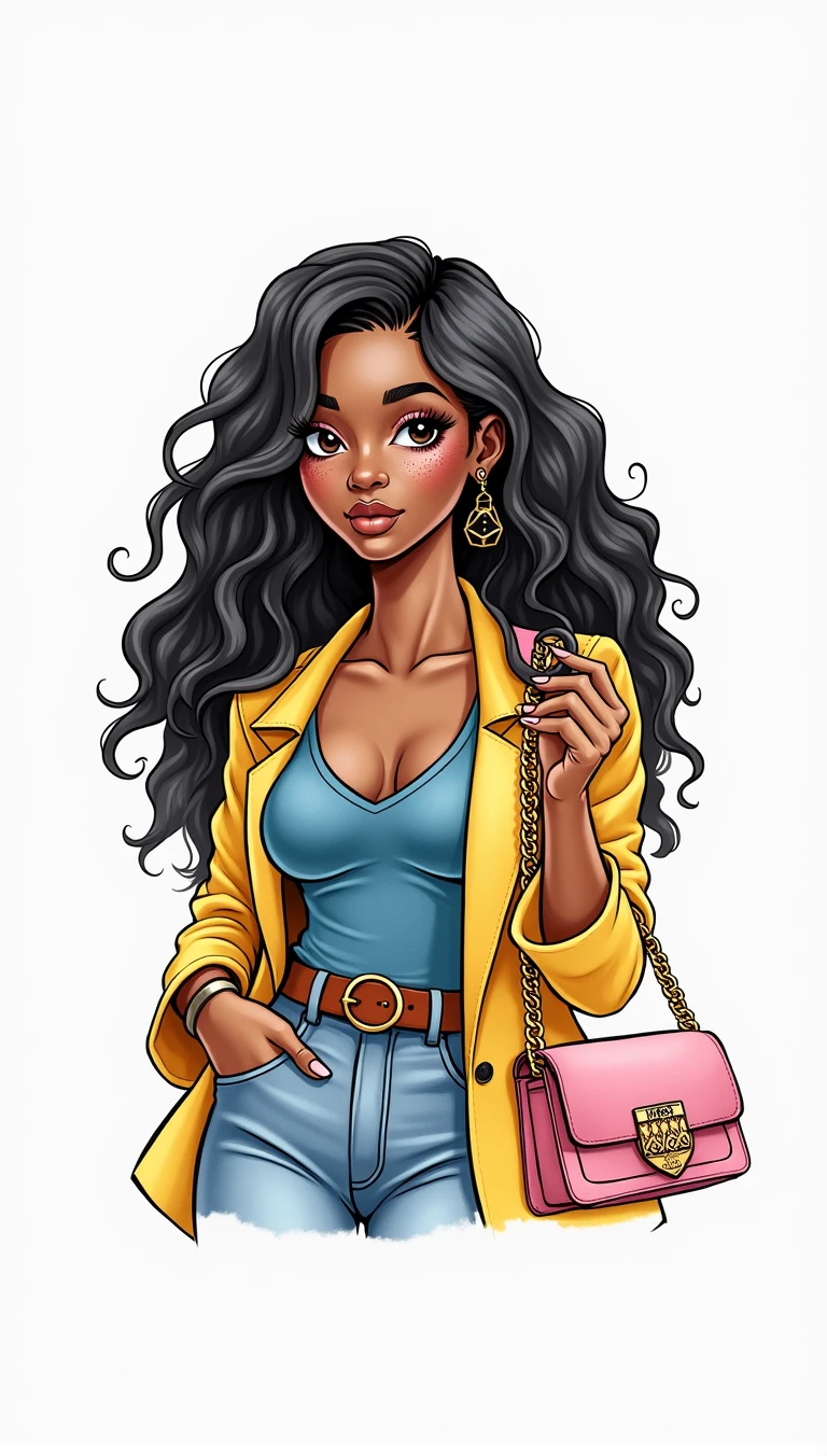 flat illustration,anime,Watercolor illustration of a female character. A beautiful 25-year-old black woman, she has dark wavy hair that falls in a cascade. She has striking eyes and freckles on her face. A woman is wearing a yellow blazer over a blue blouse and denim shorts... a brown belt. She is carrying a pink bag with a gold chain strap in her hand and wearing yellow high heels,vector art, cartoon style illustration, HD illustration, 8k,by Jen Bartel