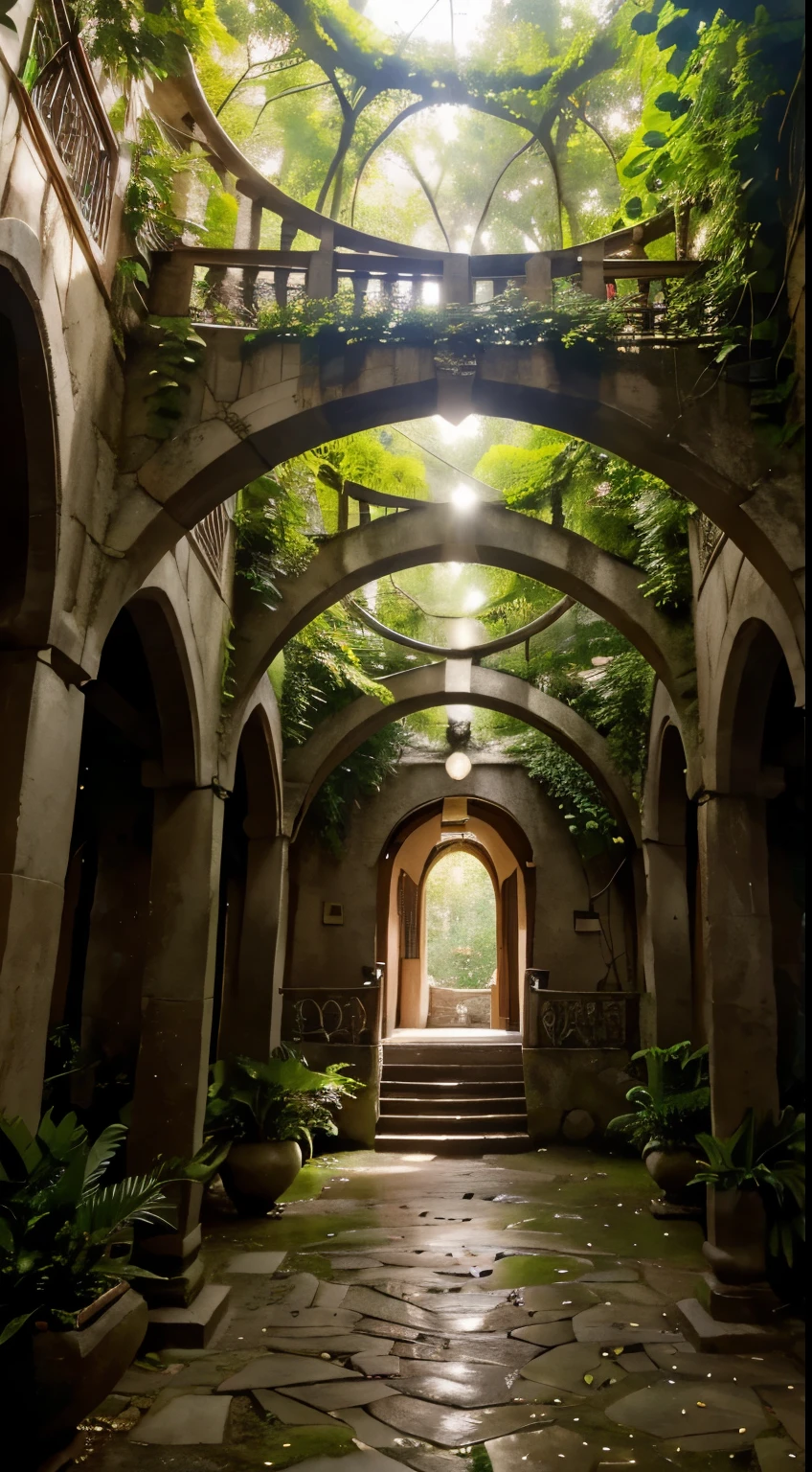 A utopian city, called Eldoria, is hidden in a dense forest, of tall trees, filtered light. Its architecture has luminous stones, shining wood, crystals, intricate patterns. The houses have ethereal bridges, air connection, elevated paths. It has hanging gardens with magical flowers, crystal clear waterfalls, swirly vibrant colors. Their homes are integrated into the trees, panoramic balconies, floating lanterns. Hidden beauty, perfect harmony, elven refuge.