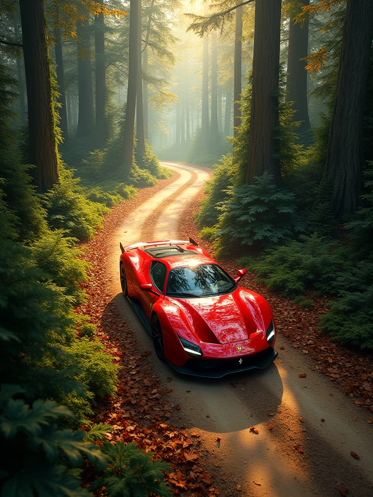 a red ferrari driving down a dirt road in an enchanted forest. Photo taken extremely high up in the sky by a drone, showing the ferrari's path. ultra realistic 8k image. extremely detailed.