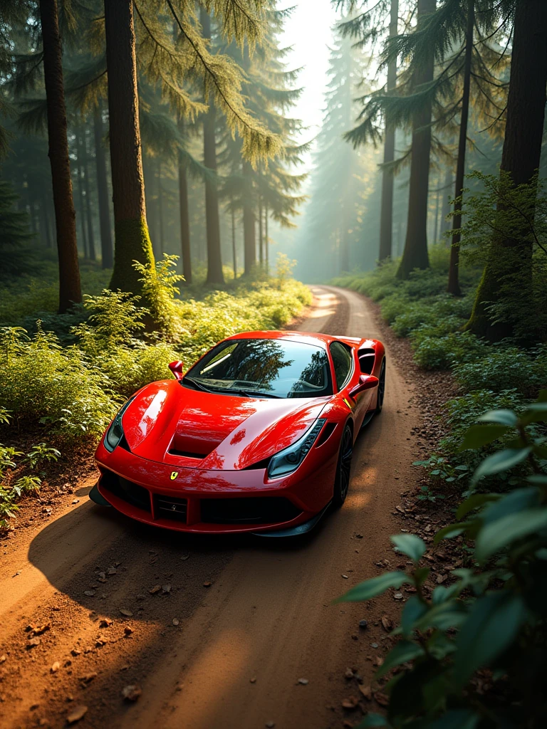 a red ferrari driving down a dirt road in an enchanted forest. Photo taken extremely high up in the sky by a drone, showing the ferrari's path. ultra realistic 8k image. extremely detailed.