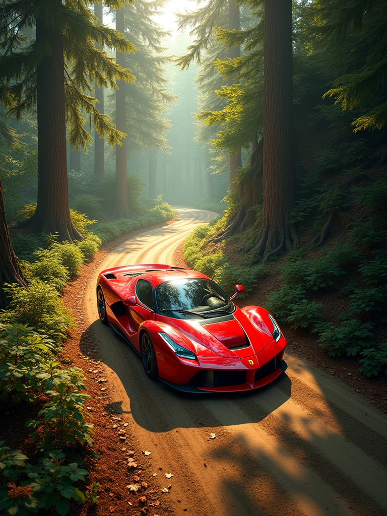 a red ferrari driving down a dirt road in an enchanted forest. Photo taken extremely high up in the sky by a drone, showing the ferrari's path. ultra realistic 8k image. extremely detailed.