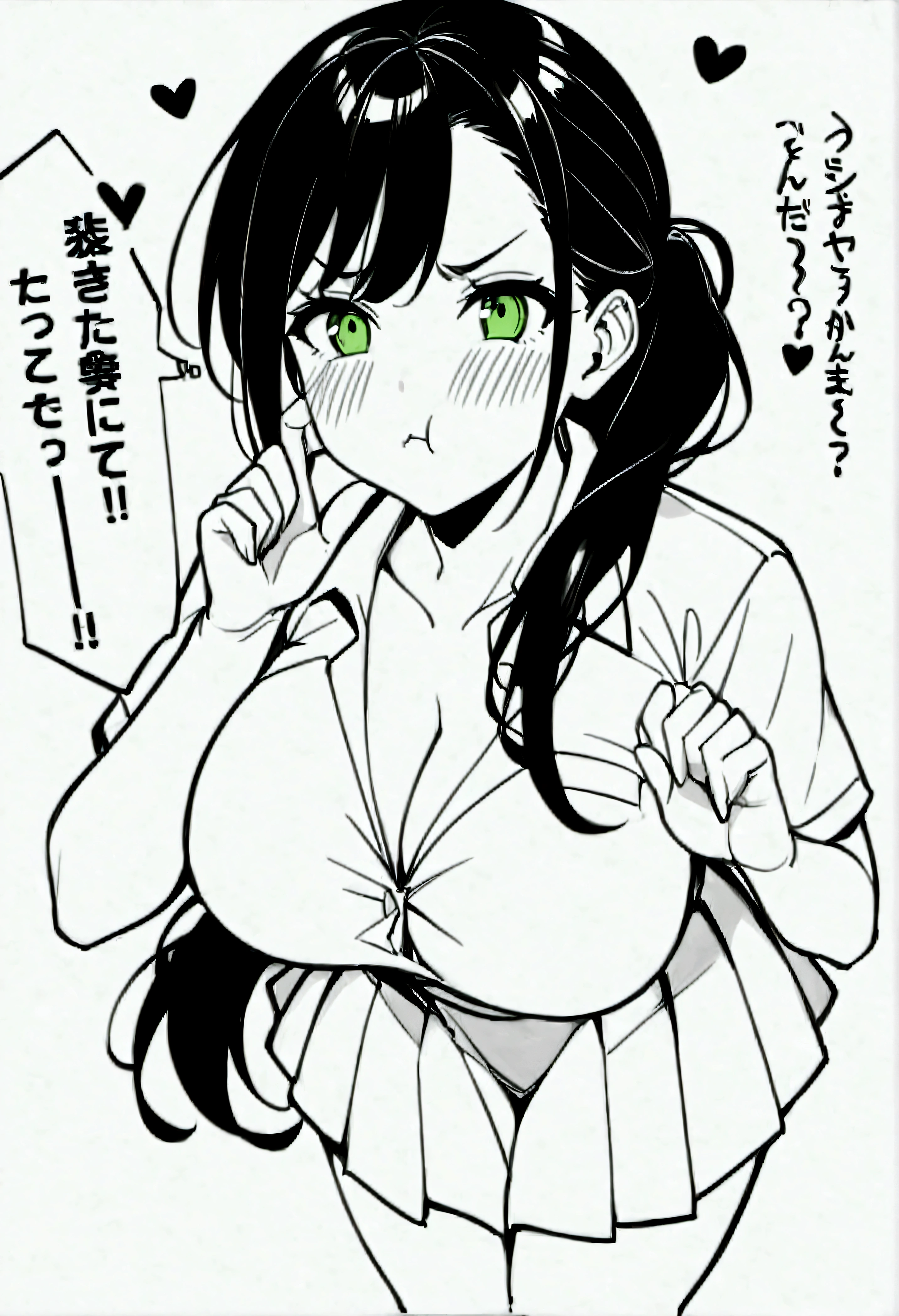 score_9、score_8_up、score_7_up、score_6_up、score_5_up、score_4_up、source_アニメ、Line art、LineAniAF、((grayscale、Monochrome))、Simple Background、White background、One girl、solo、pout、Angry、blush、Part your lips、kzSeraphim、Black Hair、Green Eyes、ponytail、Large Breasts、Small waist、Thick thighs、School uniforms、Cleavage、skirt、See who's watching、Cowboy Shot、heart、teasing、Place one hand on cheek