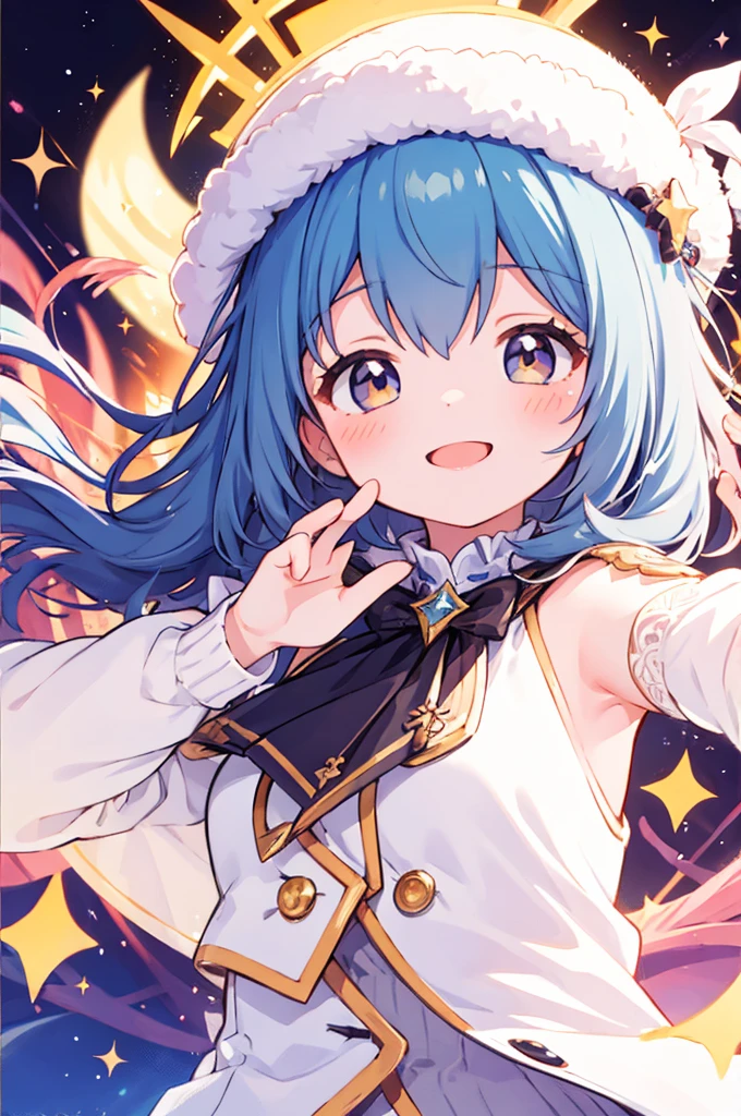 masterpiece, best quality, 1girl, solo, bangs, white background, blush, smile, sparkle, dynamic pose,