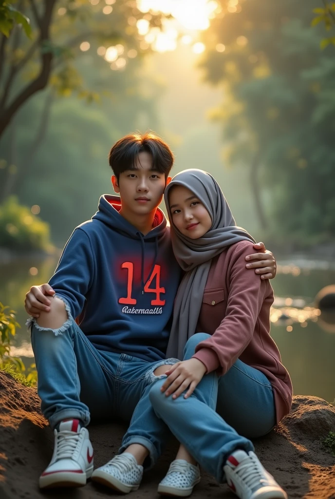 (photorealism:1.2),Indonesian male and female couple aged 25 years,Korean hairstyle men , ripped jeans, nike jordan shoes, wearing a blue hoodie with red gradient, inscribed "Rahmad 14",Indonesian Latin text, clear. And the woman wearing the hijab is a little fat 70 kg, wear spot shoes, sitting pose, romantic, look at the camera direction, river background, tropical forest, morning sunlight, good morning. Real details, hyper realistic, UHD, Photography, wide shot