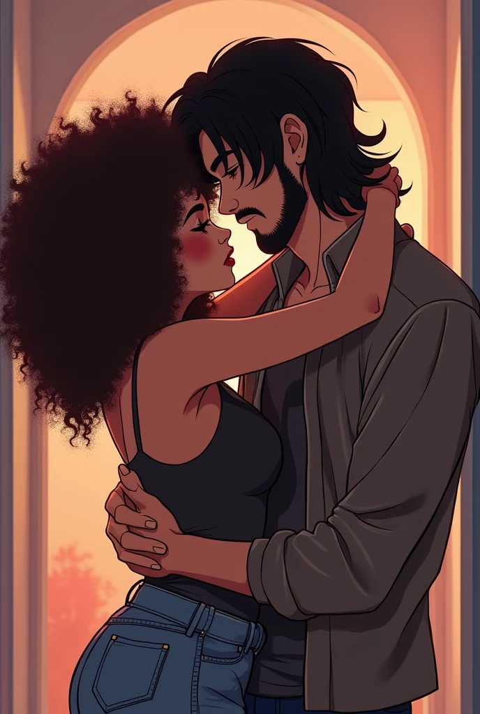 Rocker man with very long hair and a goatee, Hug and look into the eyes of a beautiful woman with dark afro skin, with curly wavy hair and red earrings, in a place where there is a lake and trees with the sun setting.
anime type.