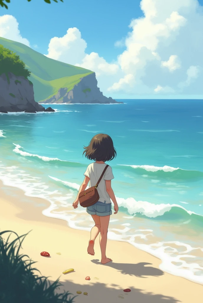 A girl walking around the sea