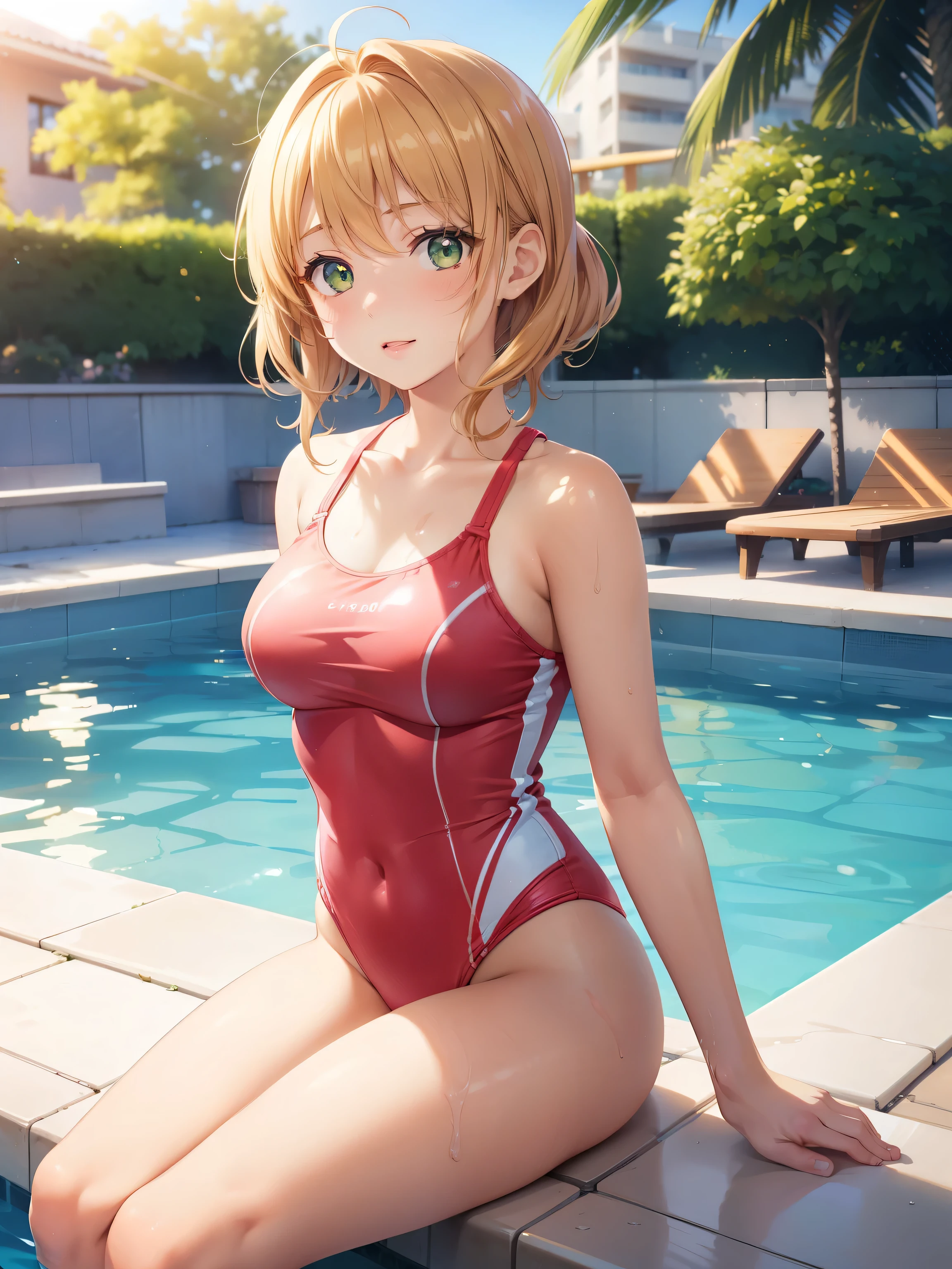 One girl, Natural light, masterpiece, Very detailed, figure, Game CG, Absurd, high quality, kinomoto sakura, (18-year-old girl), (Medium chest), Beautiful attention to detail, Glossy Lips, Natural light, fluffy short blonde hair, Messy Hair, Green Eyes, Sitting, Edge of the pool, One piece swimsuit