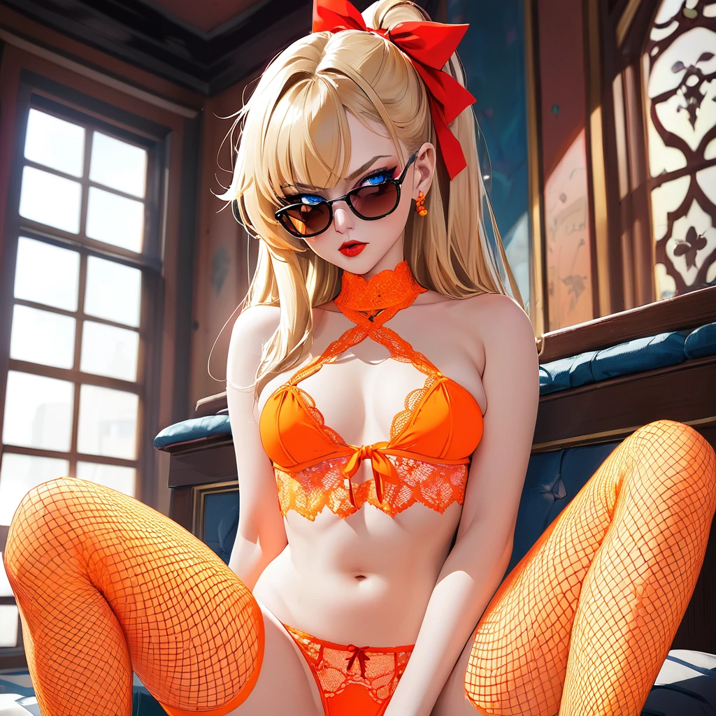 an incredibly beautiful young femme fatale blonde with blue eyes, long golden hair, long bangs, tied with a red ribbon at the back of her head, she is dressed in lace neon orange panties, neon orange fishnet stockings, a short bright orange top, sunglasses. she behaves defiantly, cheeky, alluring, attractive, pierced nipples shine through the top, a lot of daring tattoos, she is a bully.